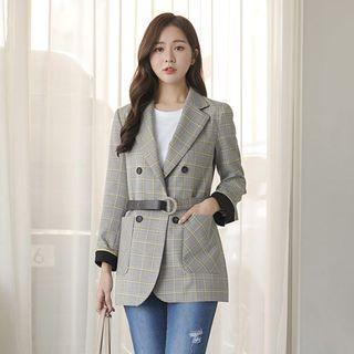 Belted Double-breasted Contrast-trim Checked Blazer