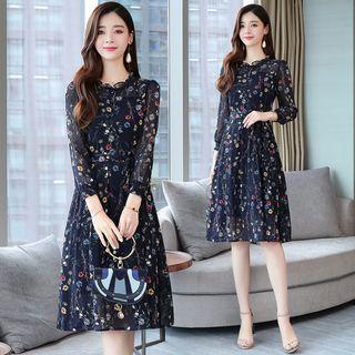 Long-sleeve Ruffled Floral Print Midi Chiffon Dress