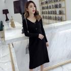 Tie-waist Long-sleeve Midi A-line Knit Dress