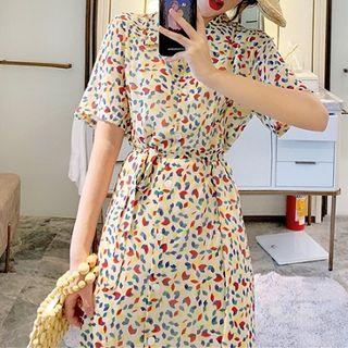 Floral Chiffon Short-sleeve Dress As Shown In Figure - One Size