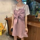 Short Sleeve Mesh Top / Spaghetti-strap Knotted Chiffon Dress