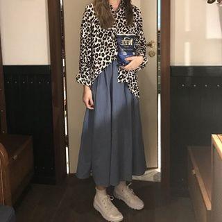 Leopard Print Shirt / Plain Midi A-line Skirt