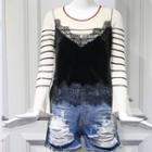 Striped Knit Top / Sleeveless Lace Top / Distressed Denim Shorts