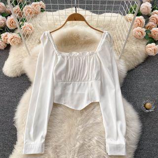 Square-neck Ruched Puff-sleeve Cropped Top