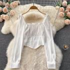 Square-neck Ruched Puff-sleeve Cropped Top