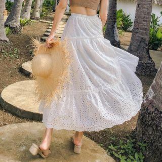 Ruffled Camisole Top / Midi A-line Eyelet Lace Skirt