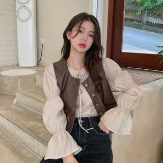 Bow Puff-sleeve Shirt / Faux Leather Vest
