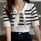 Short-sleeve Tie-neck Striped Knit Top