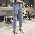 Cropped Cartoon Print Straight Cut Jeans