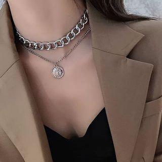 Embossed Disc Pendant Layered Alloy Choker Choker - Silver - One Size