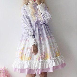 Long-sleeve Rabbit Print Plaid A-line Dress