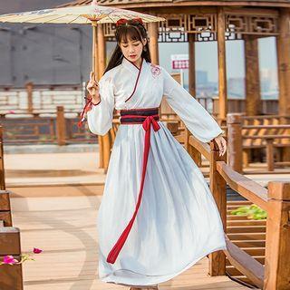 Hanfu Set: Long-sleeve Top + Maxi Skirt + Head Tie