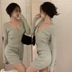 Long-sleeve Knit Bodycon Dress Light Green - One Size