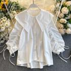 Peter Pan Collar Drawstring Ruched Puff-sleeve Top