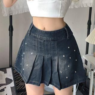 Embellished Denim Pleated Skirt