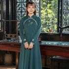 Embroidered Long Sleeve Stand-collar Frog Button Cheongsam Dress