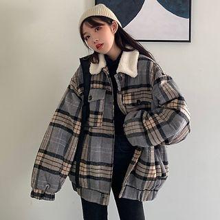 Fleece Collar Plaid Knit Jacket