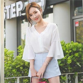 V-neck Bell-sleeve Chiffon Blouse