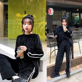 Set: Contrast-trim Velvet Pullover + Sweatpants