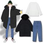 Furry Hood Padded Coat / Long-sleeve Top / Straight Fit Jeans