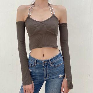 Halter-neck Cold-shoulder Crop Top