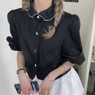 Puff-sleeve Contrast Trim Shirt Black - One Size