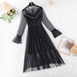 Ruffled Bell-sleeve Midi A-line Mesh Dress