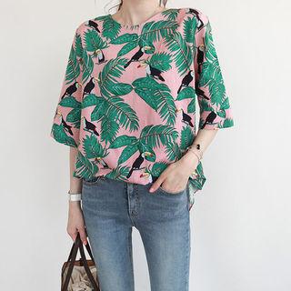 Button-back Foliage Linen Blend Top
