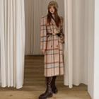 Set: Double Breasted Plaid Long Coat + Belt Coat & Belt - Pink - One Size