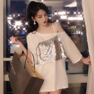 Mock Two-piece 3/4-sleeve Glitter Panel Dress