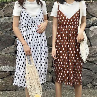 Set: Short-sleeve Top + Spaghetti Strap Dotted Midi Dress