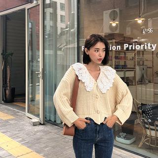 Lace-capelet Rib-knit Cardigan