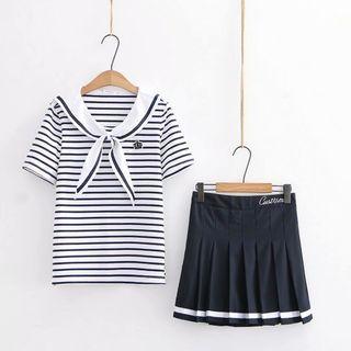 Set: Sailor Collar Striped Elbow-sleeve T-shirt + Pleated Mini A-line Skirt