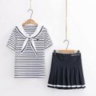 Set: Sailor Collar Striped Elbow-sleeve T-shirt + Pleated Mini A-line Skirt