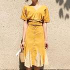 Set: Plain Short-sleeve Blouse + Chiffon Panel A-line Skirt