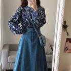 Flower Print Blouse / Denim Midi A-line Skirt / Set