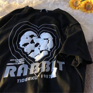 Short-sleeve Lettering Rabbit Print T-shirt
