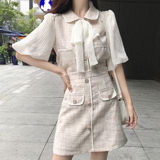 Set: Puff-sleeve Paneled Ribbon Buttoned Top + A-line Mini Skirt
