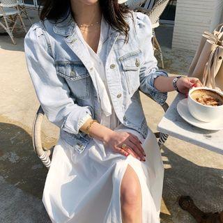 Puff-shoulder Denim Trucker Jacket Light Blue - One Size