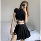 Strappy Short-sleeve T-shirt / Buckle Pleated Mini Skirt