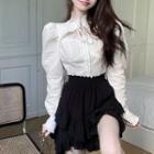 Cutout Ruffled Blouse / A-line Lace Trim Skirt