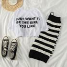 People-print Lettering Short-sleeve T-shirt / Drawstring Striped Knit Shorts
