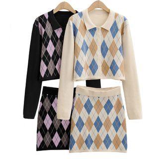 Set: Argyle Collared Cardigan + Knit Mini Pencil Skirt