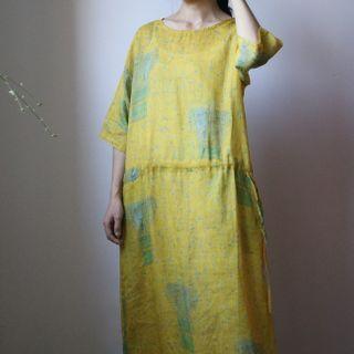 Elbow-sleeve Printed Midi A-line Dress Yellow - One Size