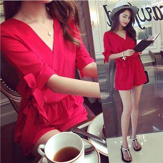 Side Tie V-neck Elbow-sleeve Jumpsuit