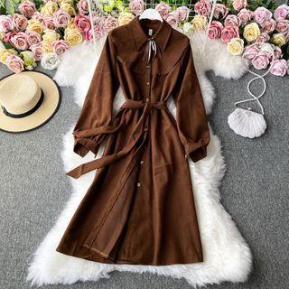 Plain Corduroy Flare Long-sleeve Dress