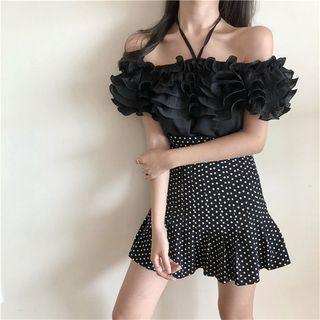 Ruffle Cold-shoulder Top / Polka Dot A-line Skirt