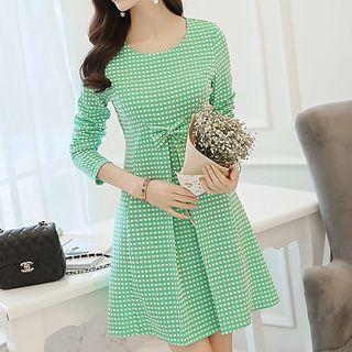 Check Long-sleeve Bow A-line Dress