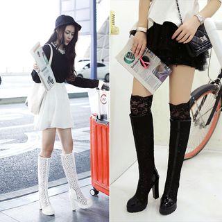 Block Heel Lace Tall Boots