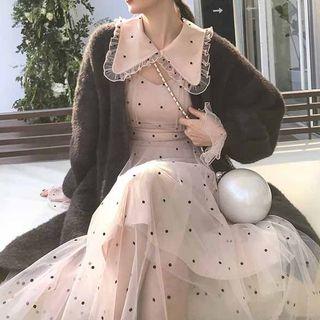 Dotted Long-sleeve Midi Mesh-overlay A-line Dress